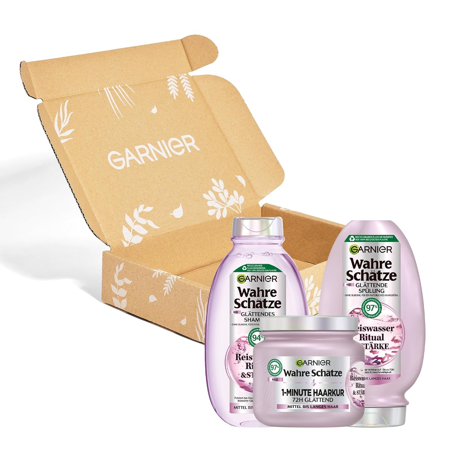 Detalle 2 de Garnier True Treasures Glättendes Haarpflegeset mit Reiswasser – Shampoo 250 ml, Conditioner 200 ml & 1-Minute Haarkur 340 ml (3-teilig)