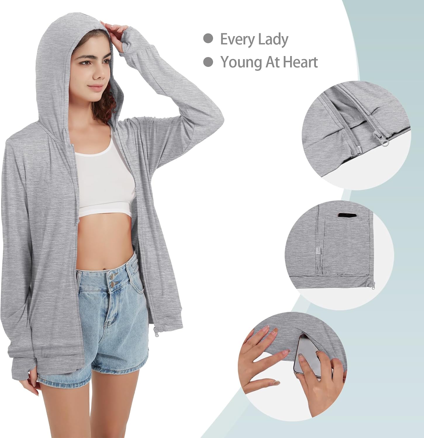 Thumbnail 4 de QBK Light Weight Zip Up Hoodie: Thin Summer Jacket for Women