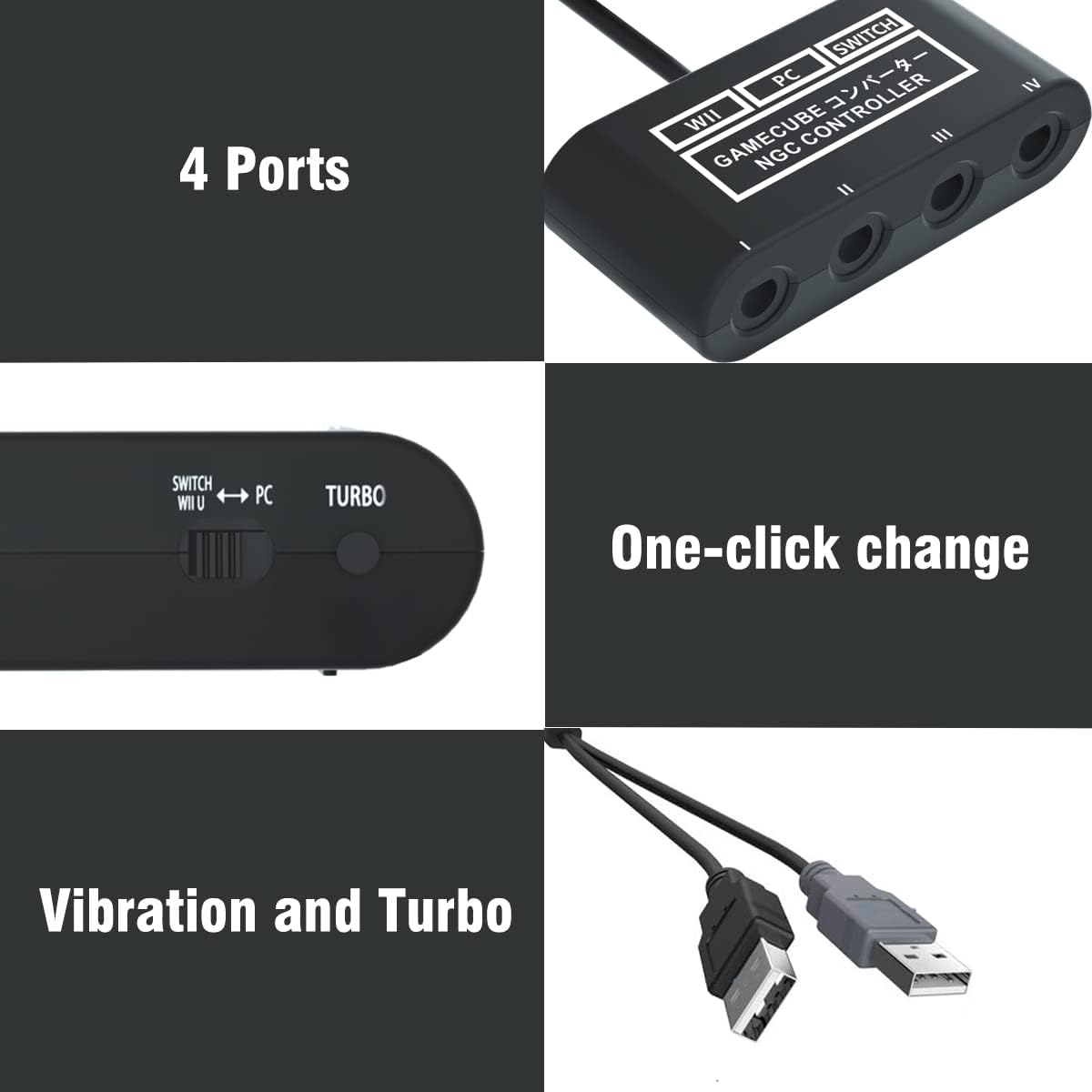 Detalle 2 de Gamecube Controller Adapter for Switch / OLED / Switch 2 (4 Ports) – 6 ft Cable, Turbo & Vibration