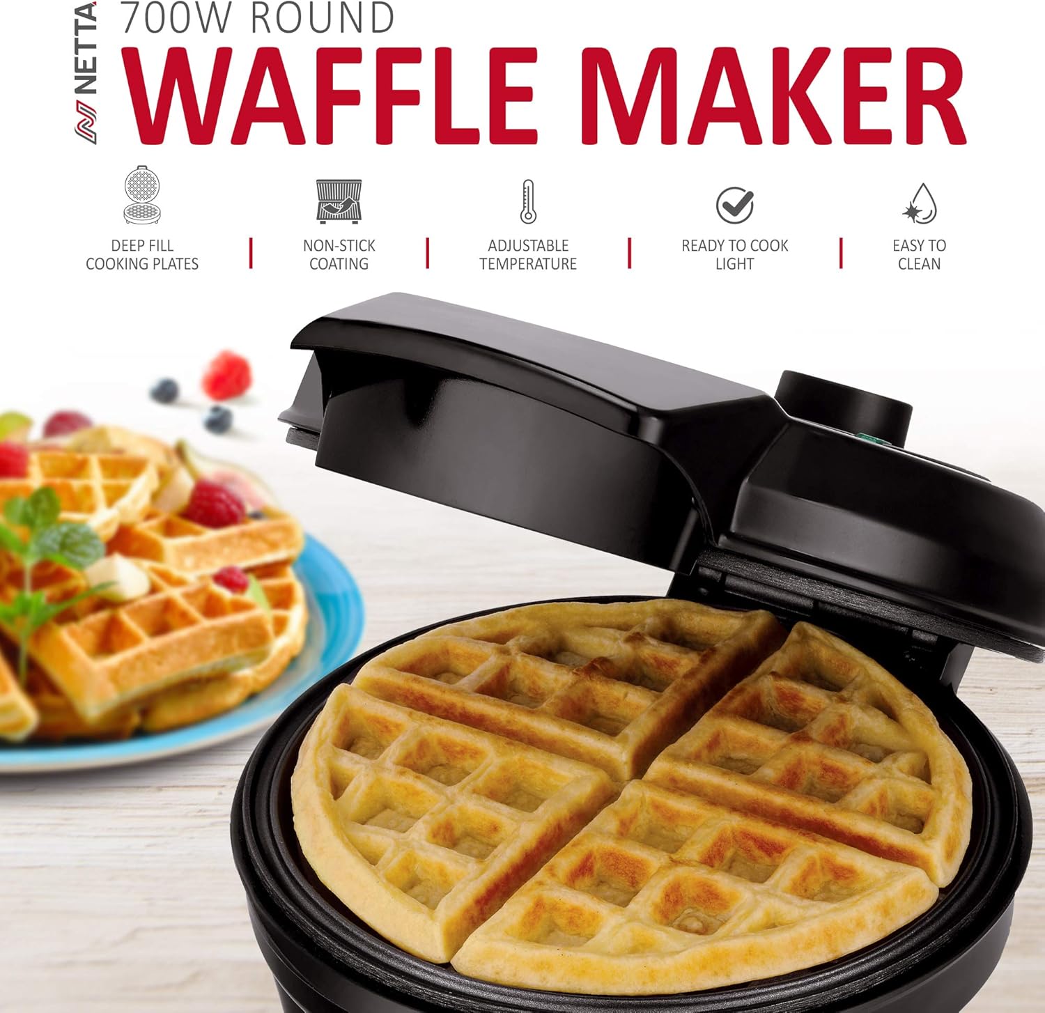 Thumbnail 1 de NETTA Belgian & American Round Waffle Maker (700W) with Adjustable Temperature Control