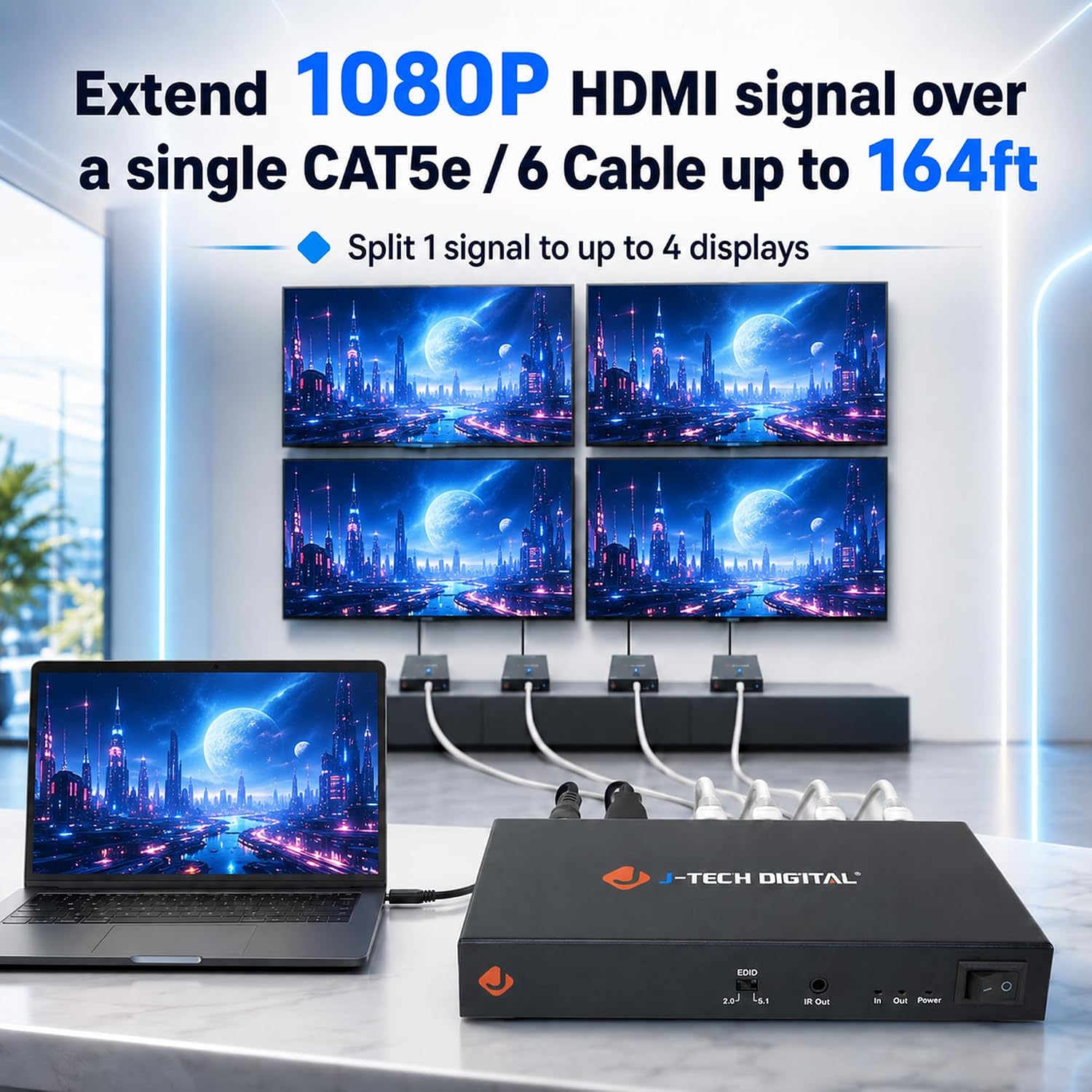 Detalle de J-Tech Digital HDMI Extender Splitter 1x4 Over Single CAT5e/6 Cable with PoC, IR, and EDID Switch