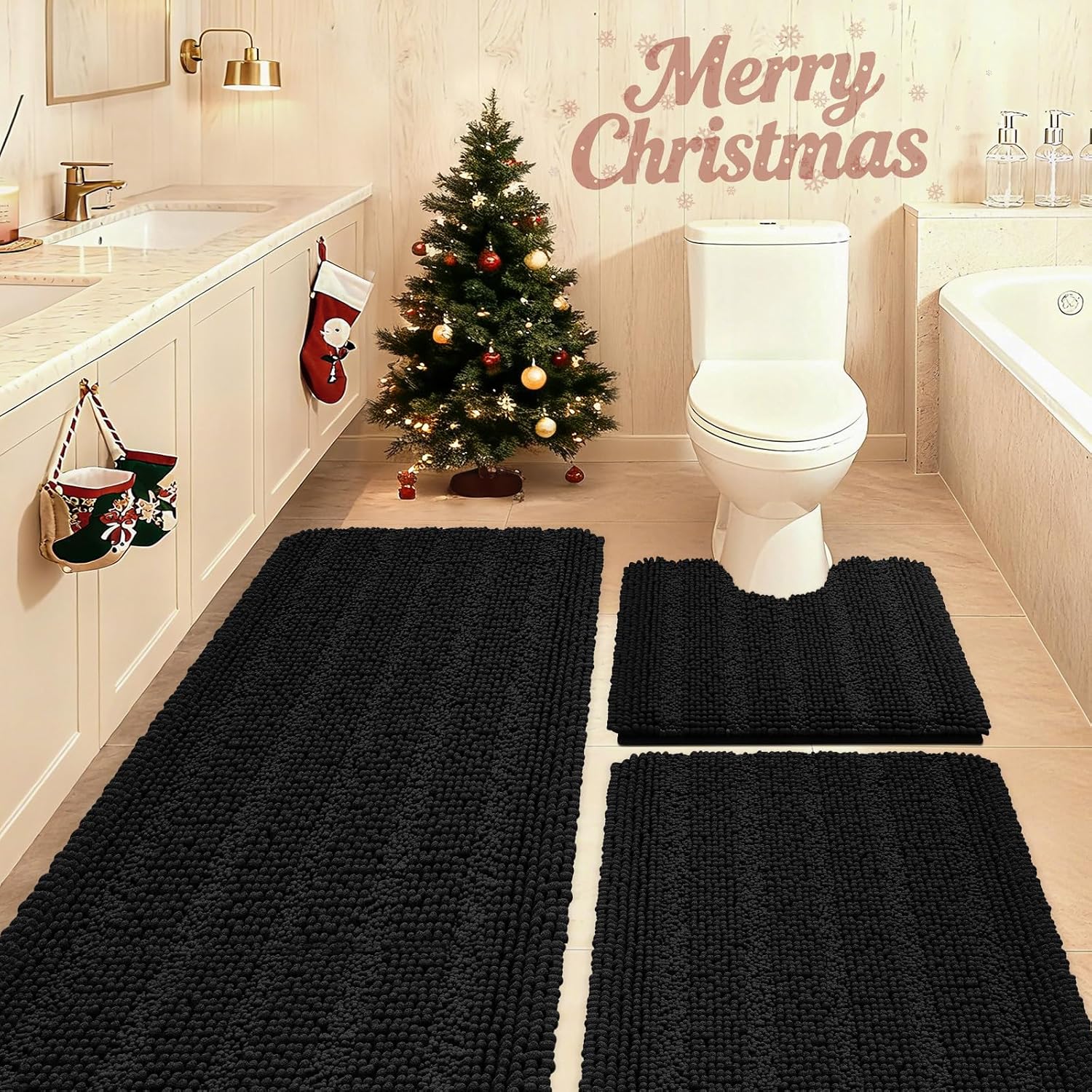 Detalle de ACCUMTEK Striped Black Bathroom Rug Set 3 Pieces