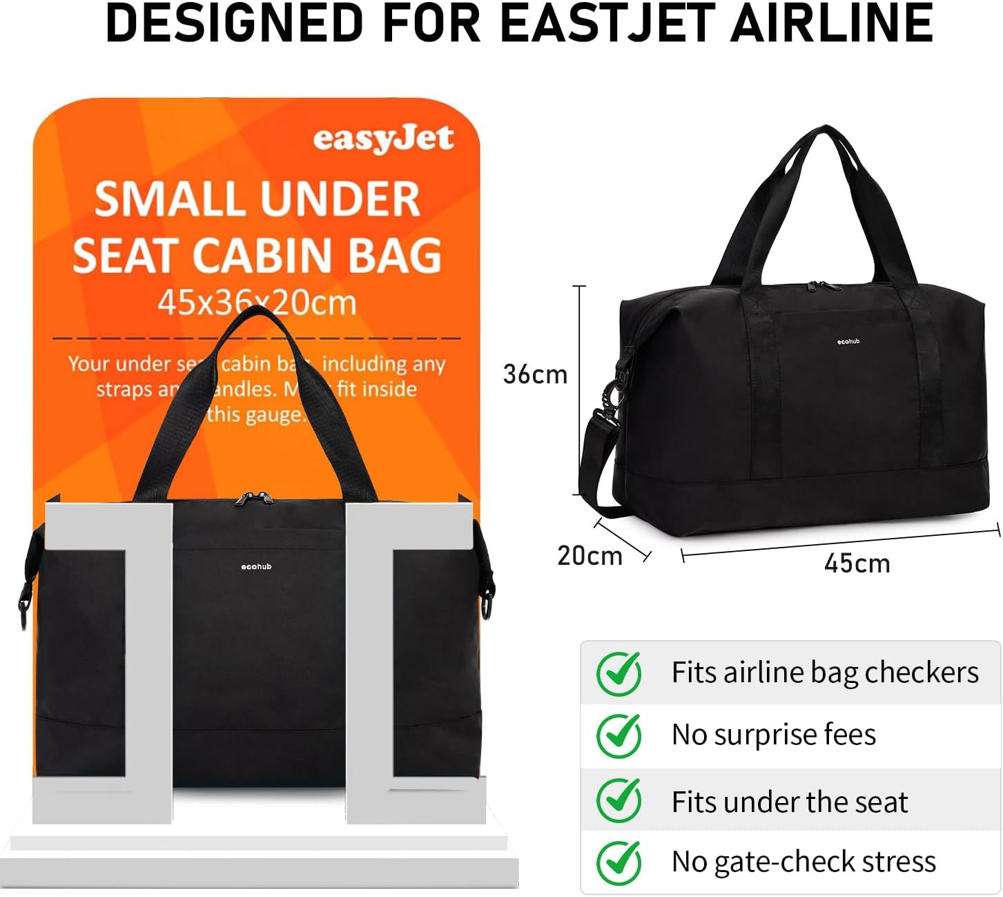 Thumbnail 1 de ECOHUB Easyjet 30L Cabin Bag (45x36x20cm) with Removable Wet Pocket & Underseat Travel Holdall - Black
