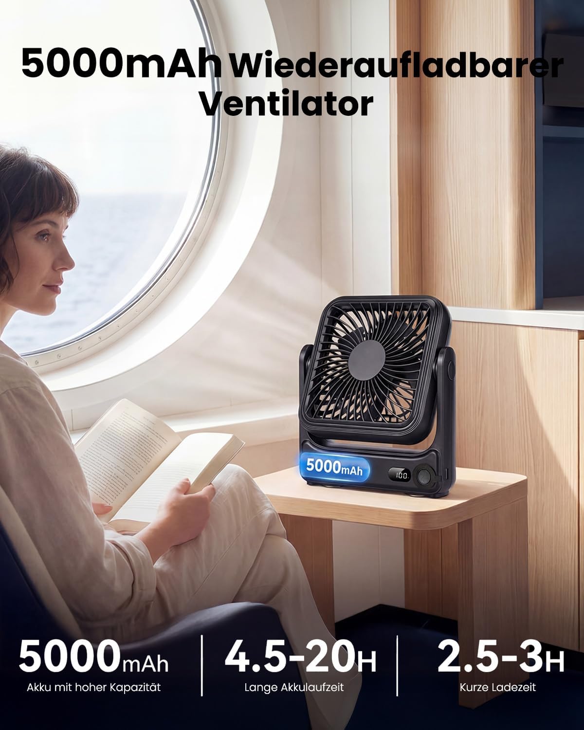 Detalle de WOWDSGN Tischventilator USB mit Starker Magnetbefestigung, 5000 mAh Akku, LED-Display und 4 Stufen – kompakt, flexibel und ideal für Camping, Wohnmobil und Büro