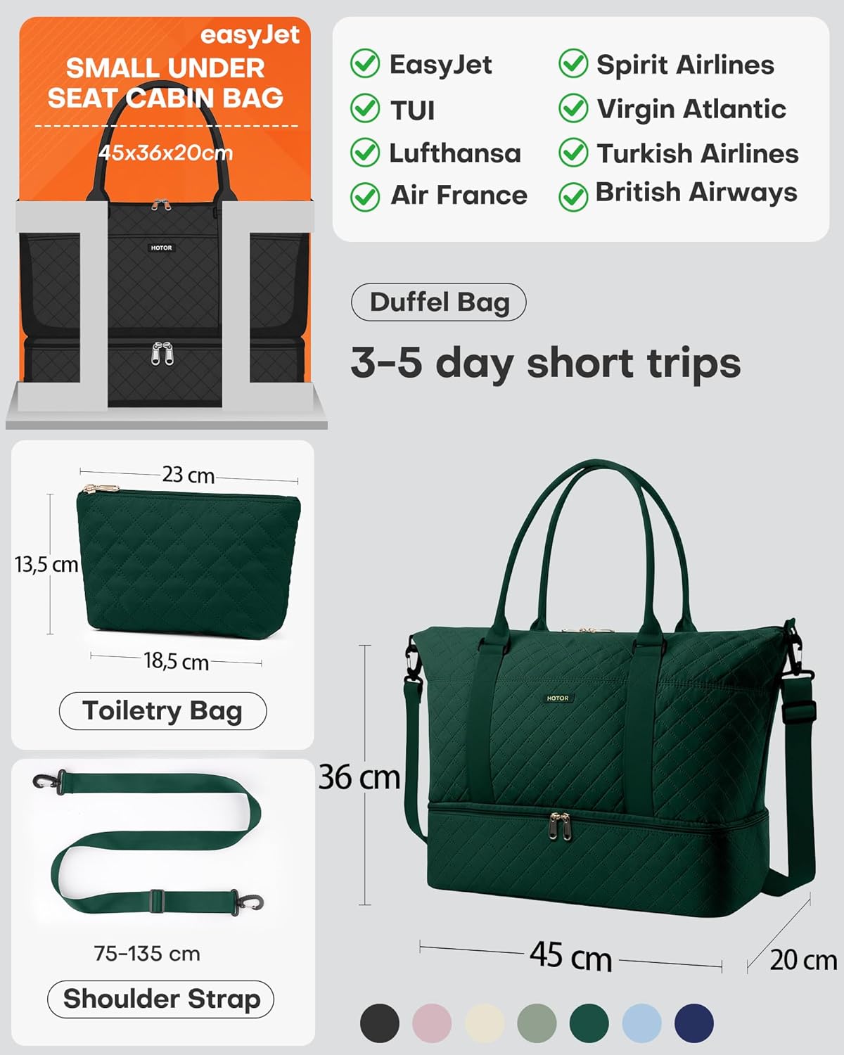 Detalle 2 de HOTOR Travel Bags for Women - Lightweight Overnight Holdall with Shoe Compartment (Dark Green) 34 x 45 x 20 cm