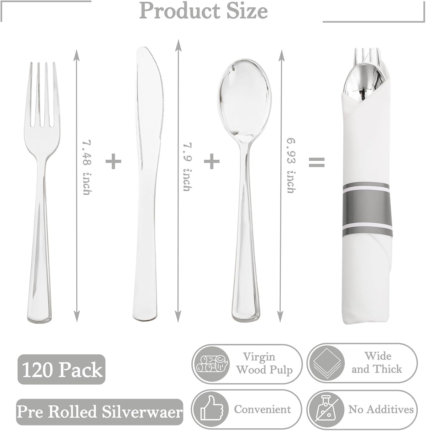 Thumbnail 1 de Supernal 120pack Silver Plastic Silverware with Napkins – Wrapped Cutlery Set for Parties