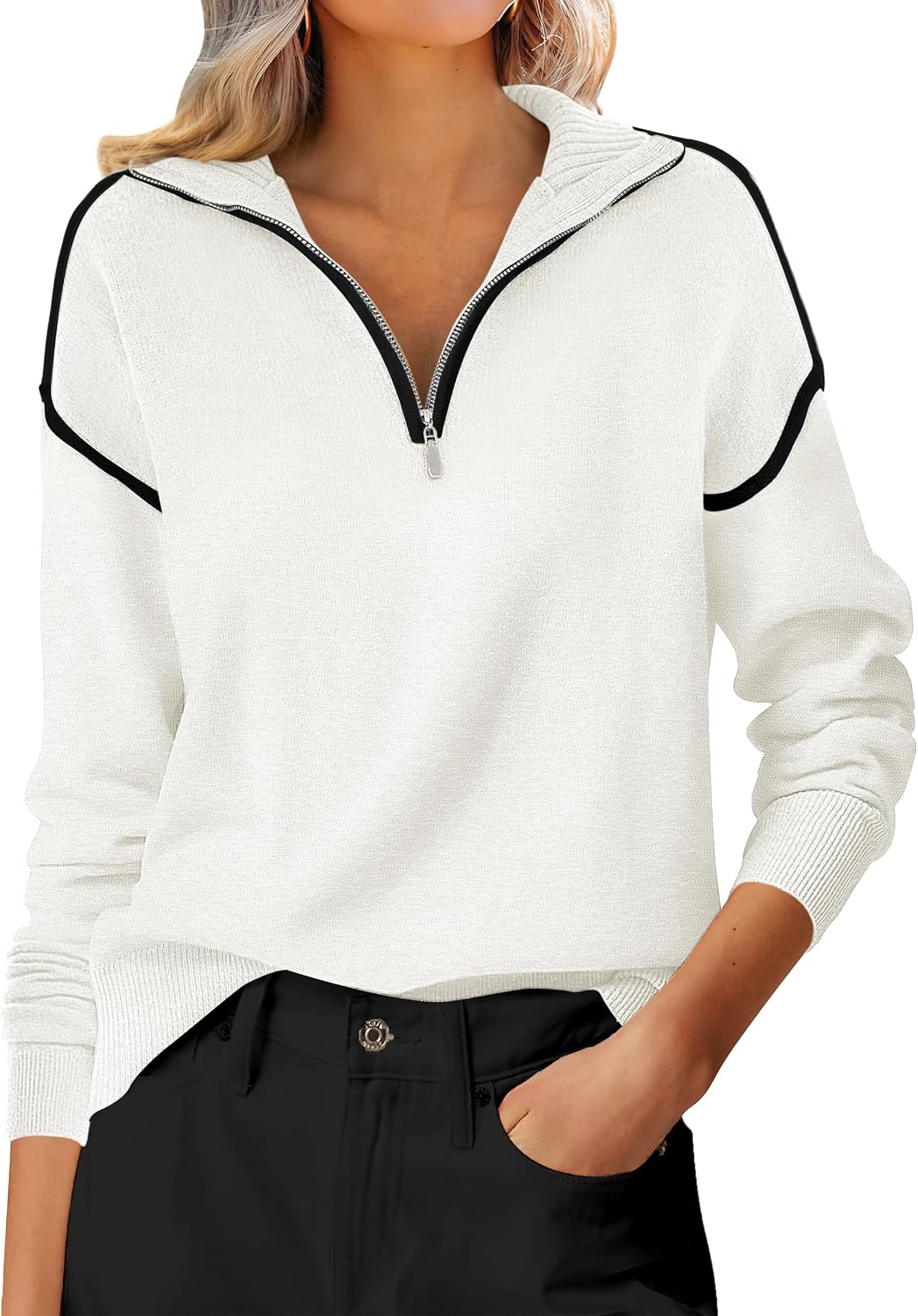 Detalle de ANRABESS Women's Quarter-Zip Knit Sweater, Collared V-Neck, Loose Fit