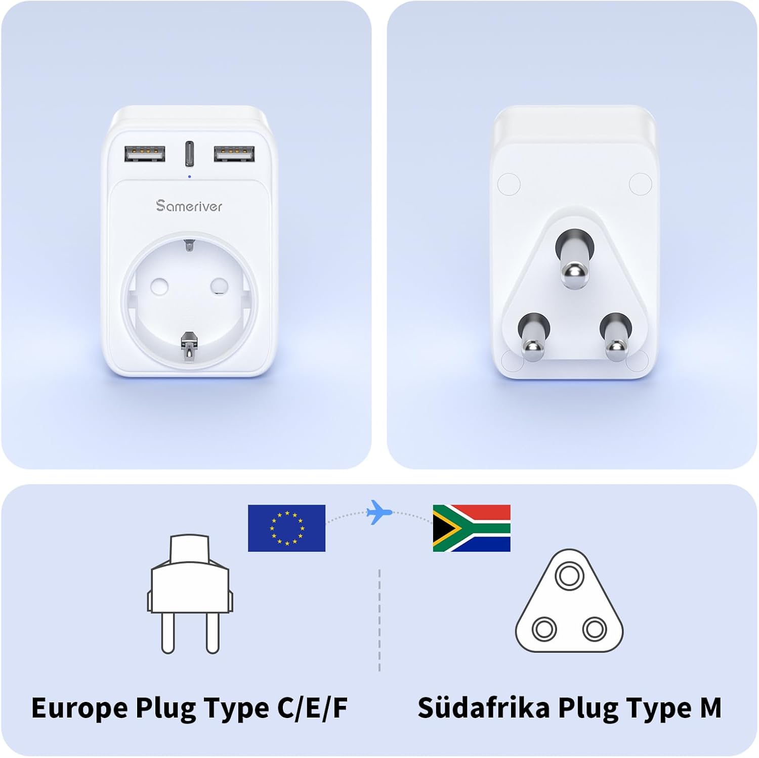 Detalle de Reiseadapter Südafrika Typ M – 4-in-1 Reiseadapter mit 2 USB–Ports und USB-C (3A)