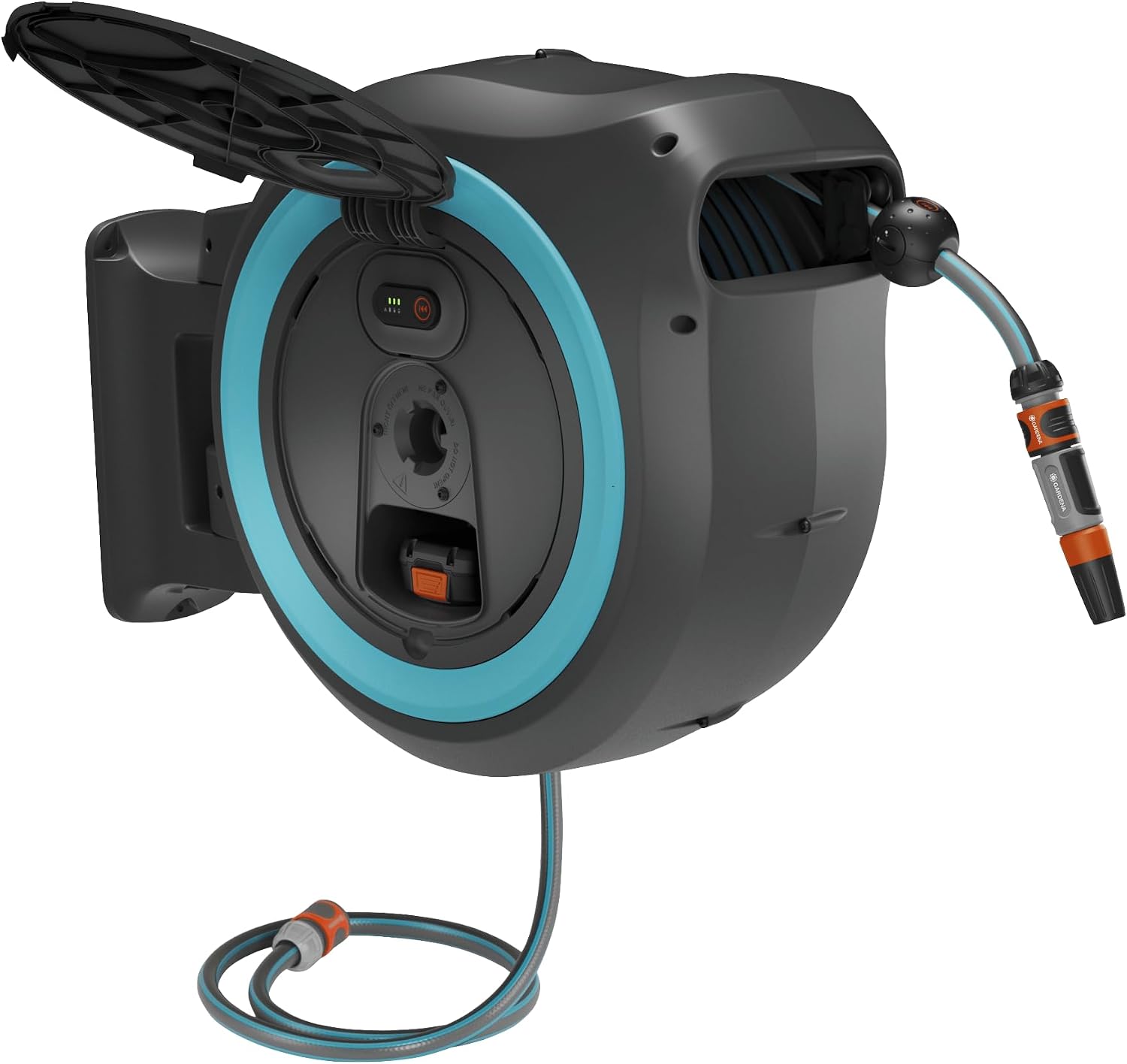 Detalle de Gardena Dévidoir mural PowerRoll XL solo – enroulement automatique sur batterie avec 40 m de tuyau