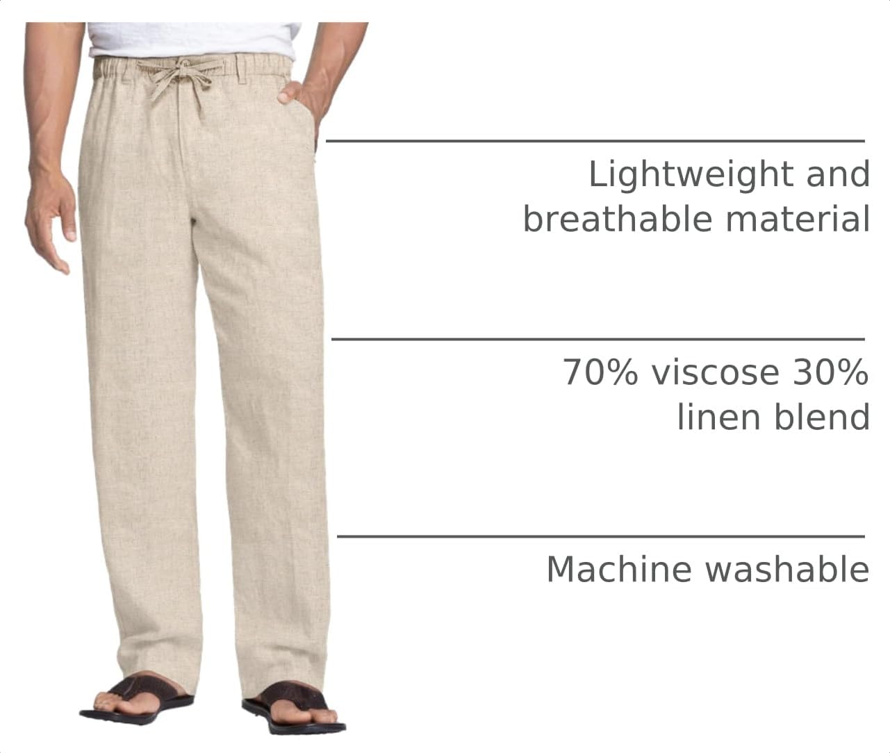 Detalle de COOFANDY Men’s Linen Pants with Elastic Waist & Drawstring (Casual Beach Summer Trousers)