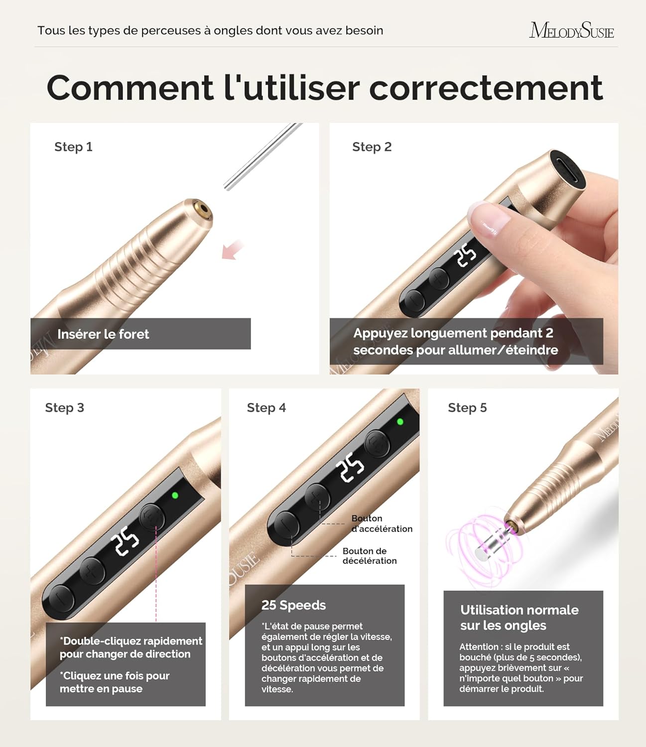Detalle de MelodySusie Ponceuse pour Ongles Professionnel Sans Fil PC180G Lime Doré — 25000 tr/min, LED et écran, kit mani/pedi