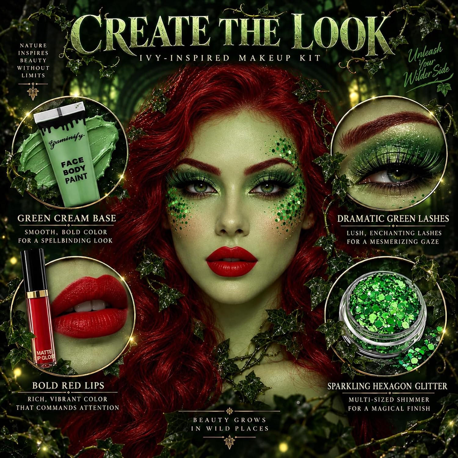 Thumbnail 6 de Paminify Halloween Green Ivy Makeup Set with Green Paint, Glitter and Lashes