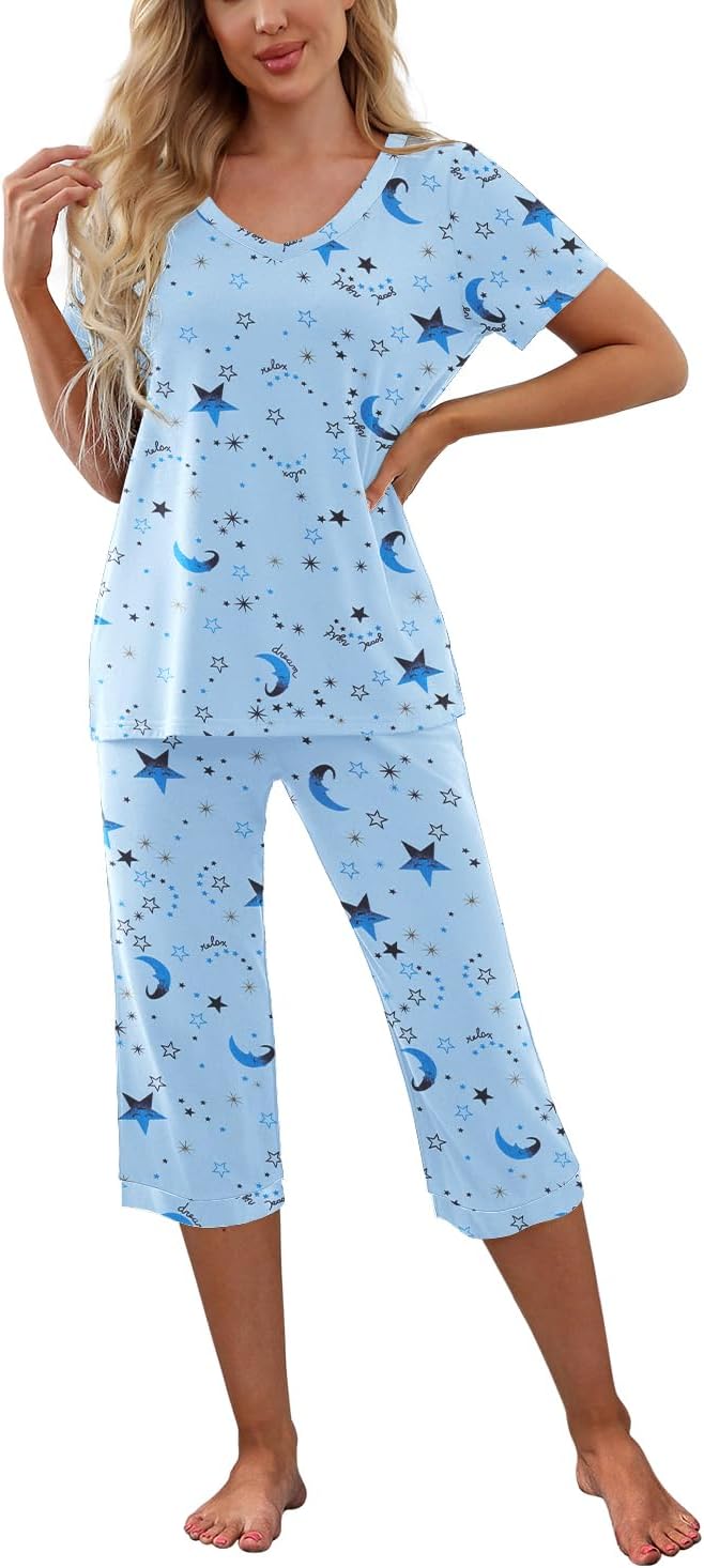 Thumbnail 1 de PrinStory Women's Pajama Set Short Sleeve Shirt and Capri Pants Sleepwear with Pockets