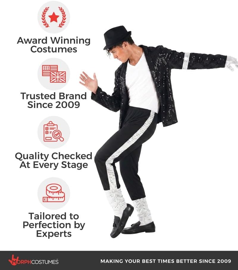 Detalle 1 de Morph Popstar Costume for Men with Black Sparkle Jacket, Silver Gloves & Fedora
