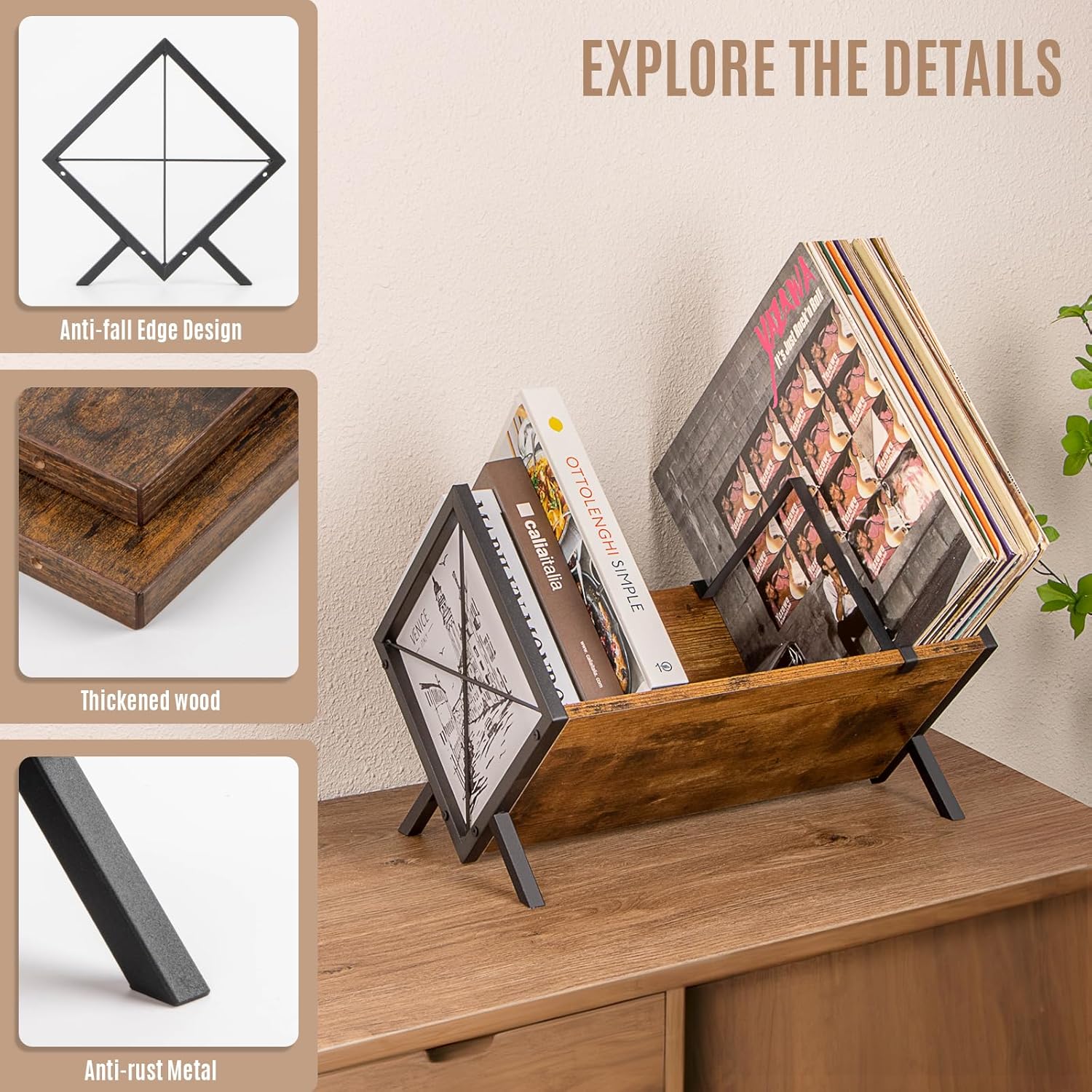 Detalle 2 de PUERSI Vinyl Record Storage Rack (Brown) – 80 LP Record Holder with Adjustable Divider