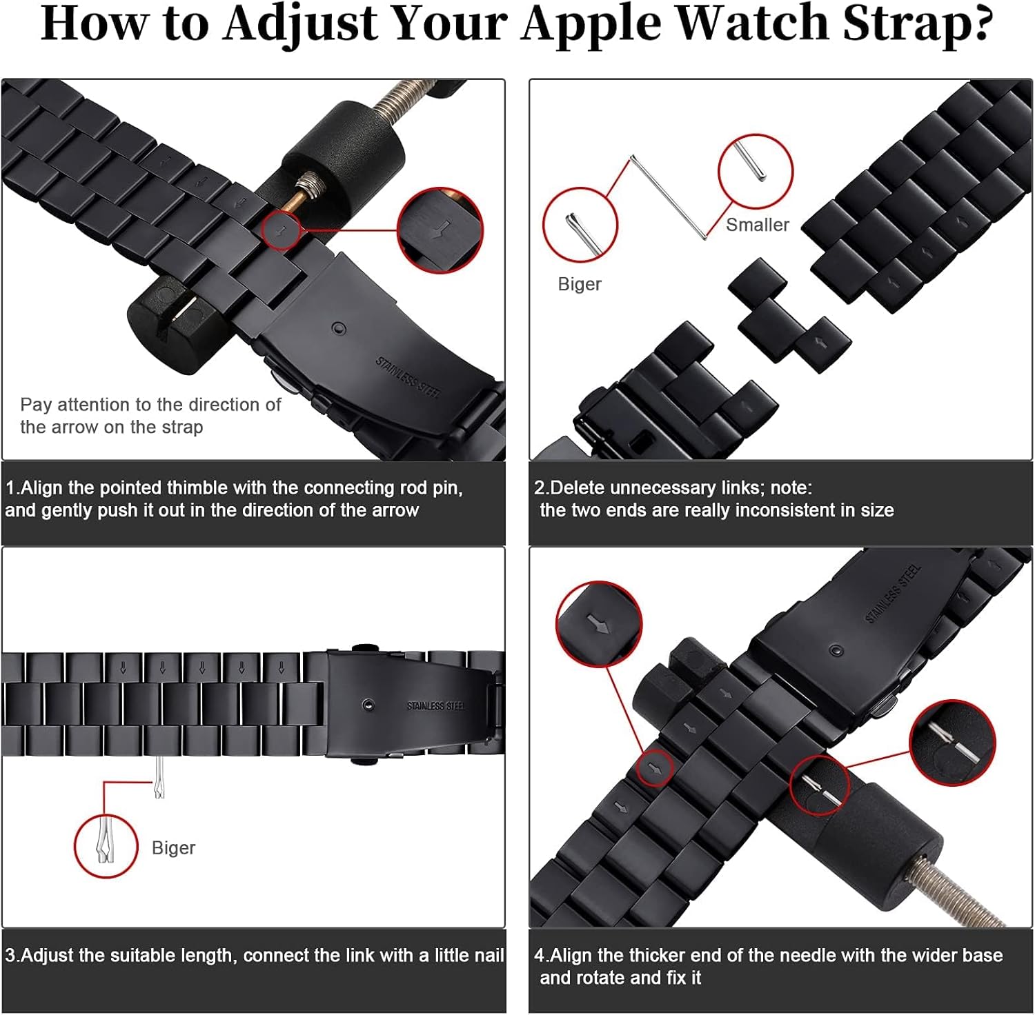 Detalle 2 de QAZNZ Stainless Steel Link Band for Apple Watch (38–42mm) – 42mm Series 10/11 Compatible, Black