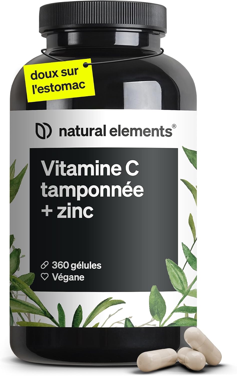 Detalle de Natural Elements Vitamine C 360 gélules (1000 mg) + 15 mg zinc, dose élevée et formule tamponnée
