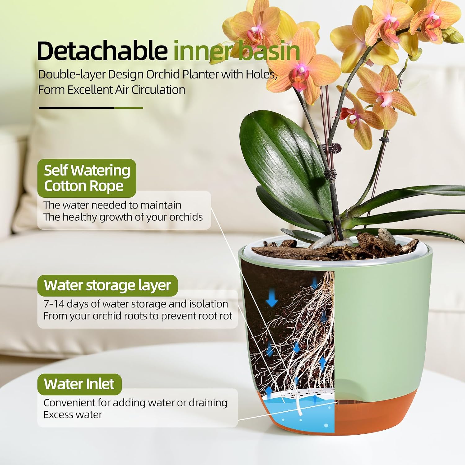 Detalle 2 de QCQHDU 2Pack 7.2In Large Self-Watering Orchid Pots with Detachable Reservoir