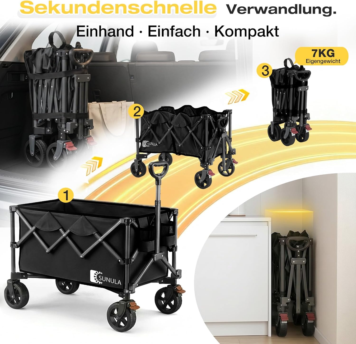 Thumbnail 2 de SUNULA Bollerwagen Faltbar Tragkraft 120KG – Klappbarer Handwagen mit EIN-klick-Handgriff, 4-seitig faltbar, Geländegängige Räder mit Bremsen, 150L, Schwarz