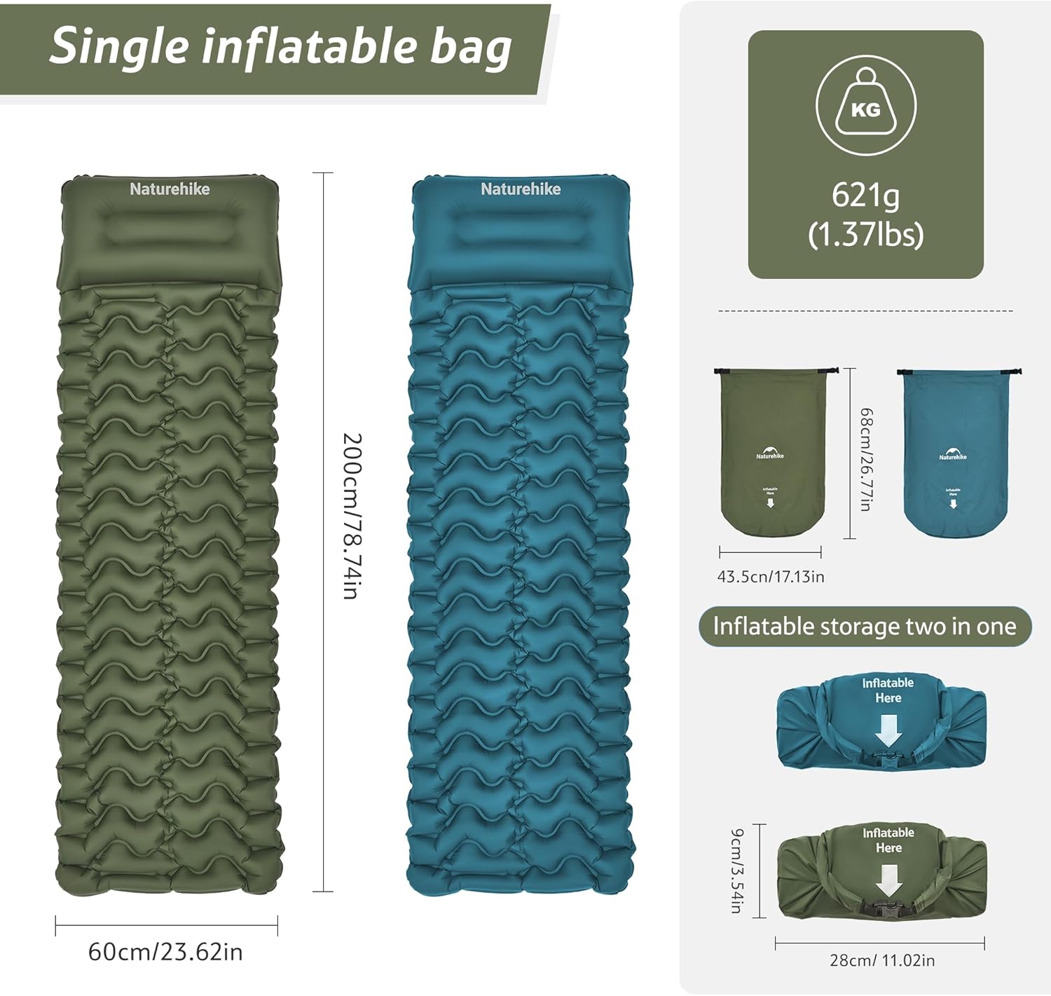 Thumbnail 2 de Naturehike Ultralight Inflatable Sleeping Mat (Olive Green) – Lightweight Single with Air Pillow