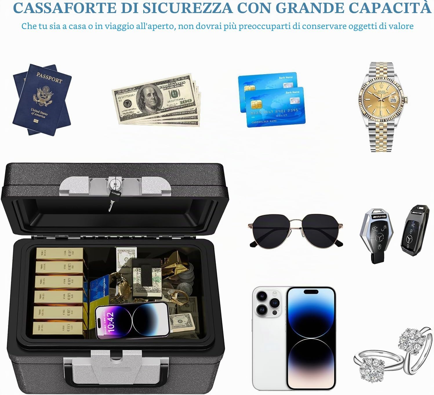 Detalle de WASJOYE 21L cassaforte portatile con chiave: protezione ignifuga e impermeabile per viaggi e ufficio