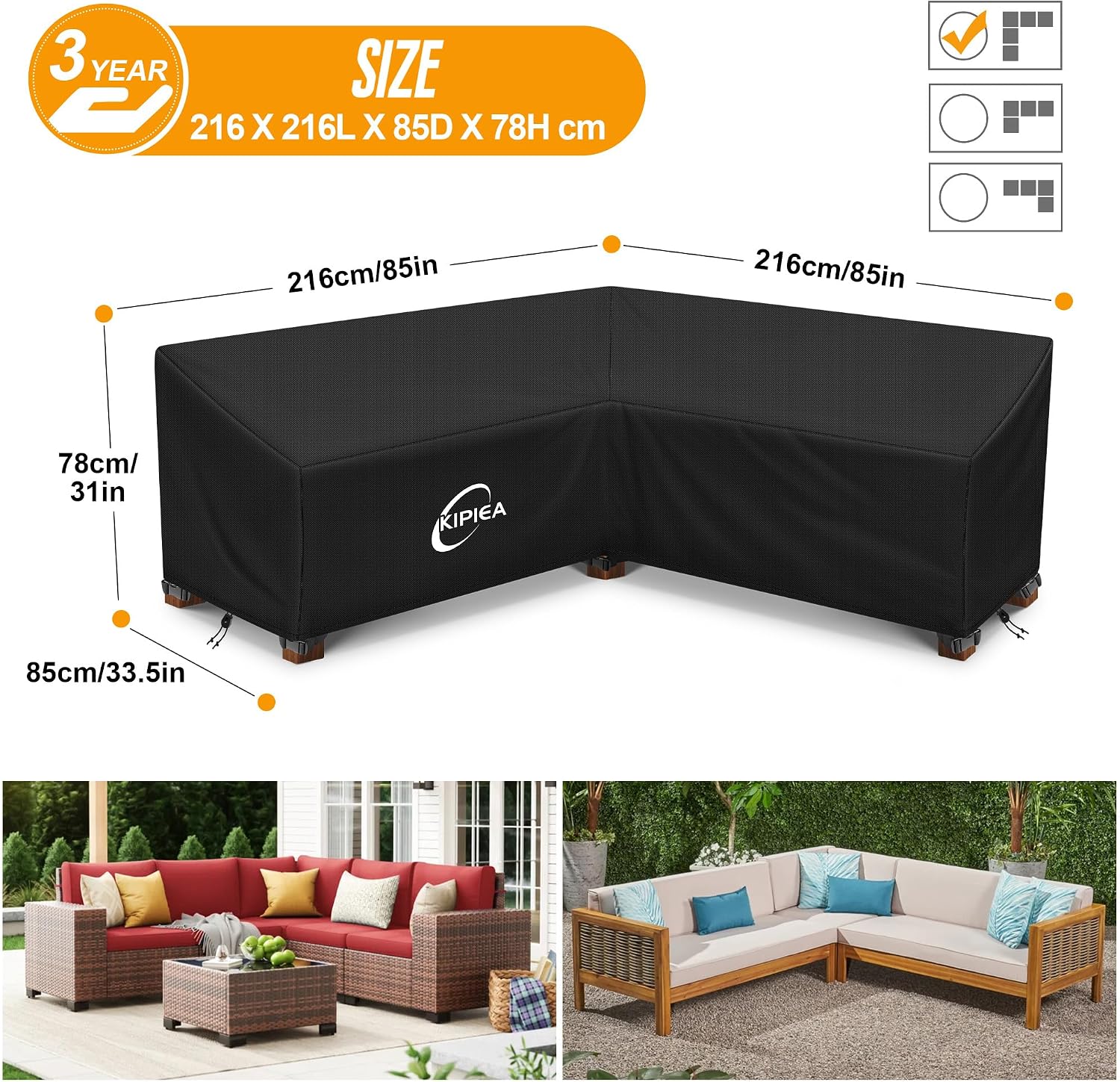 Detalle 2 de Kipiea V Shaped Garden Furniture Covers – Waterproof 420D Oxford with Windproof, UV Resistant (216x216x85x78cm)