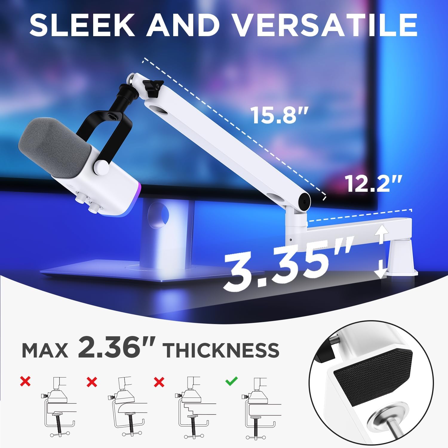 Thumbnail 4 de InnoGear LP98W Low-Profile Microphone Boom Arm, White, Magnetic Cable Channel