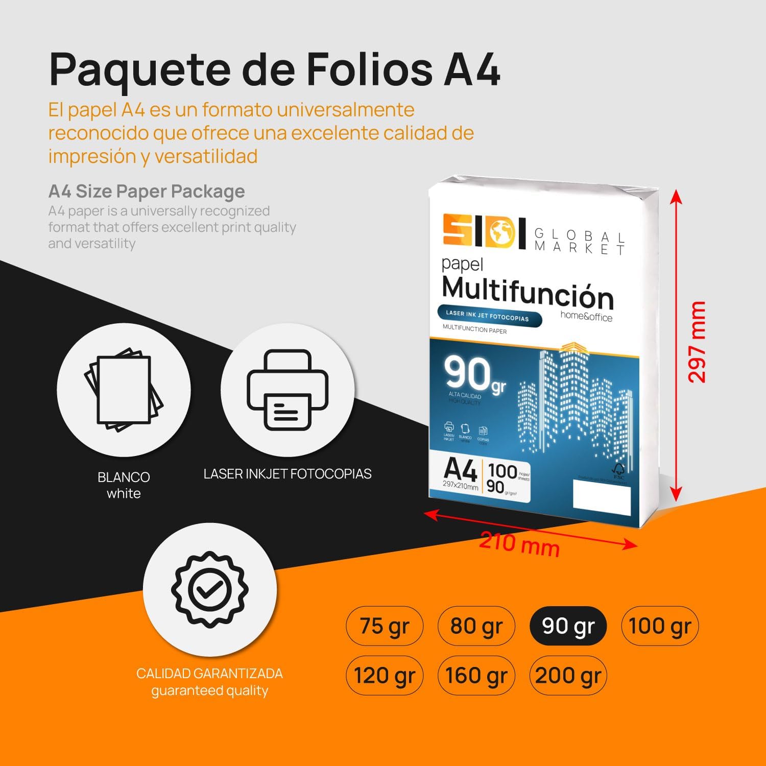 Thumbnail 1 de Sidi Global Market A4-papper, 90 g, extra vitt, 100 ark
