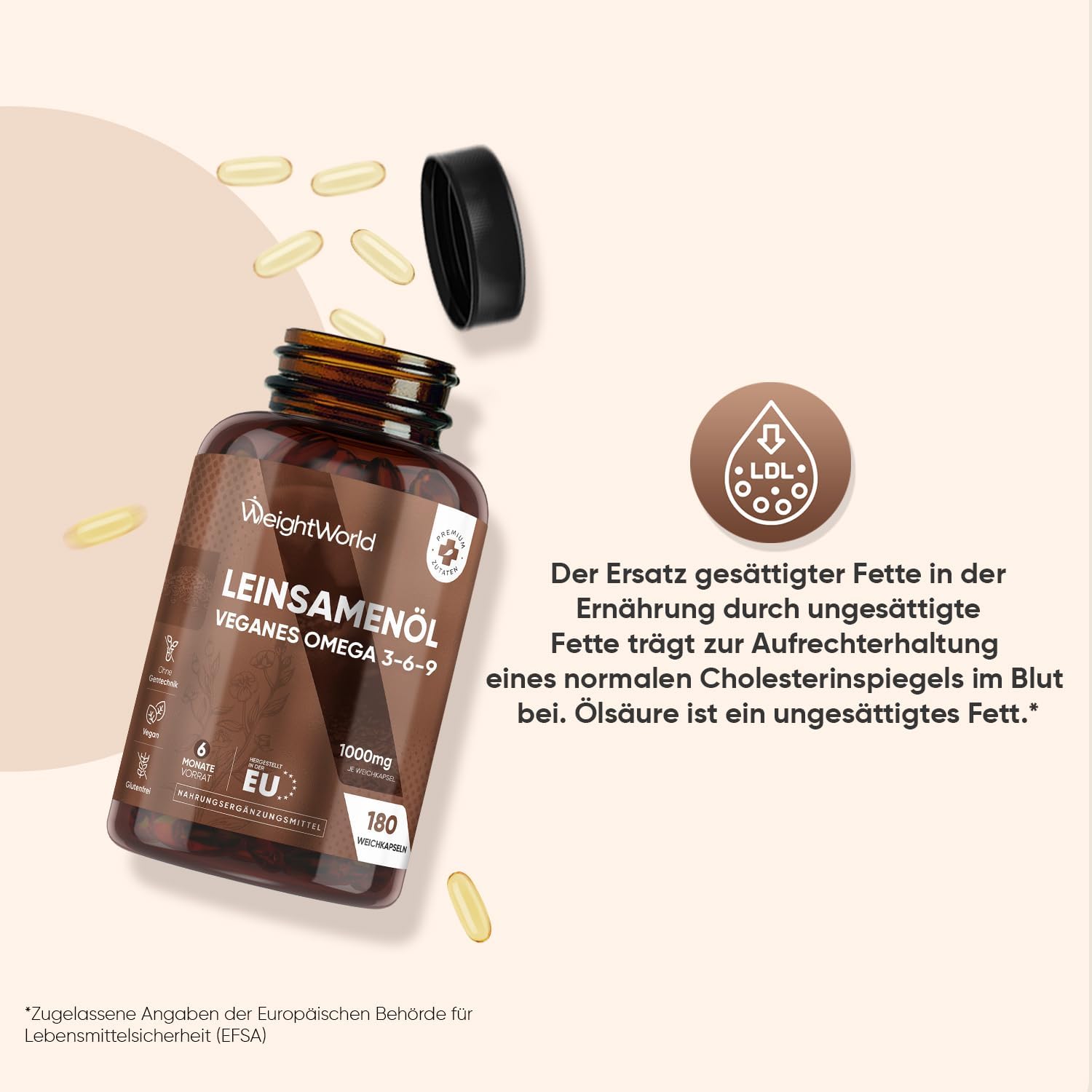 Detalle 2 de Omega 3-6-9 Vegan Weichkapseln aus Leinsamenöl – 180 Stück, 1000 mg pro Kapsel