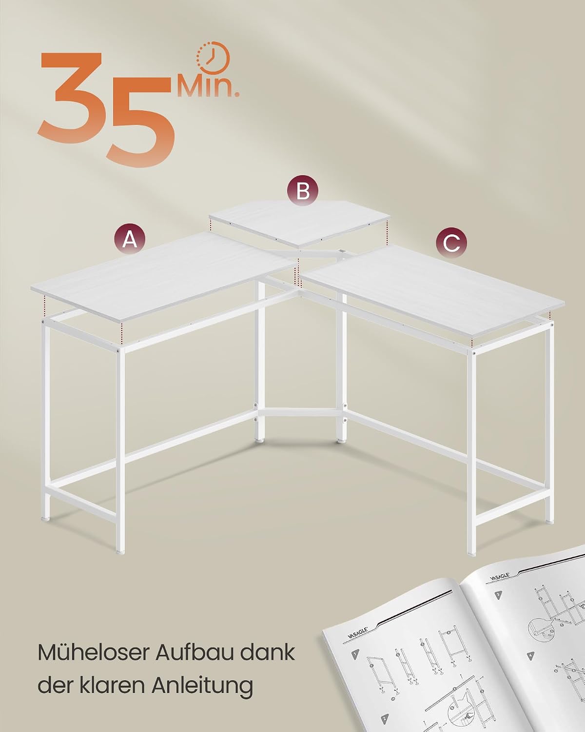 Detalle 2 de VASAGLE Eckschreibtisch L-förmig 140 x 140 cm – Ahornweiß, LWD073W01V1