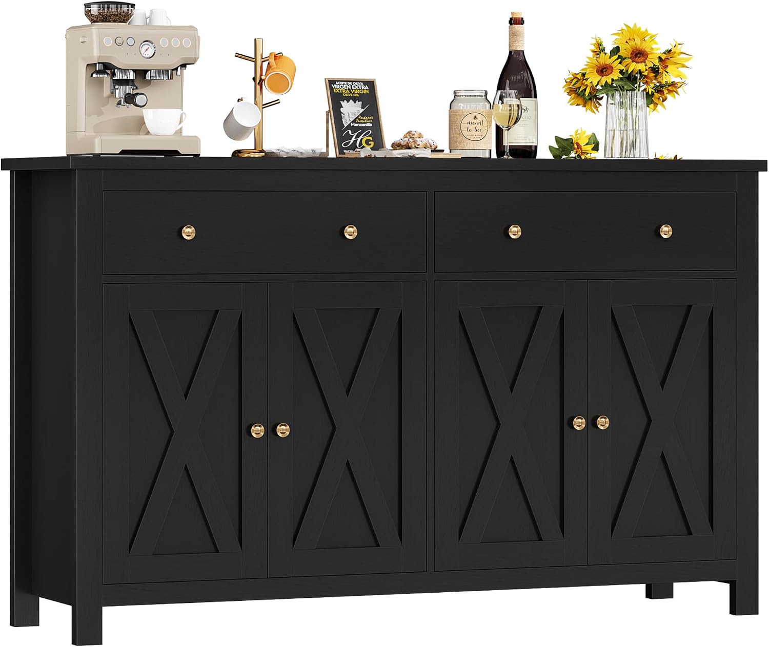 Detalle de FirFurd P228 140cm Sideboard, Black Engineered Wood, 4 Doors, 2 Drawers