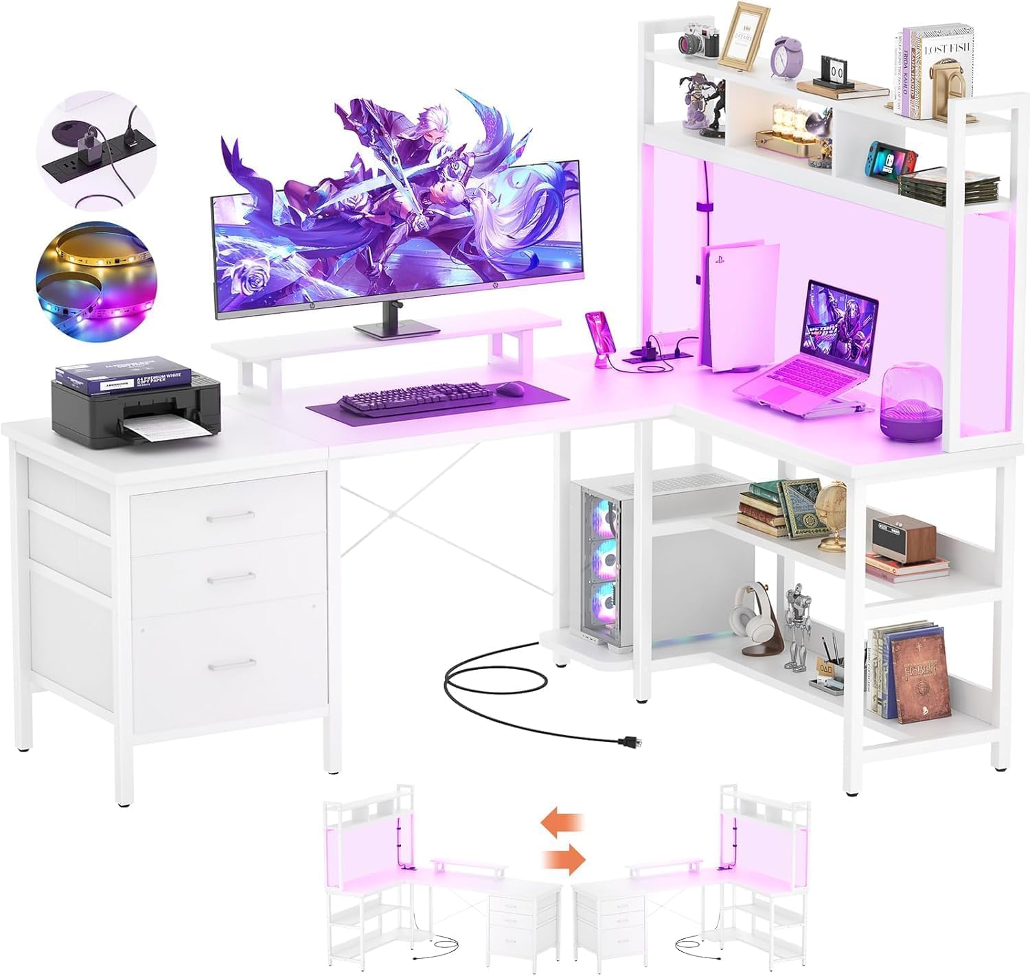 Detalle de iSunirm Scrivania portaoggetti reversibile con luci LED e prese di corrente, bianco (150 x 87 x 150 cm)