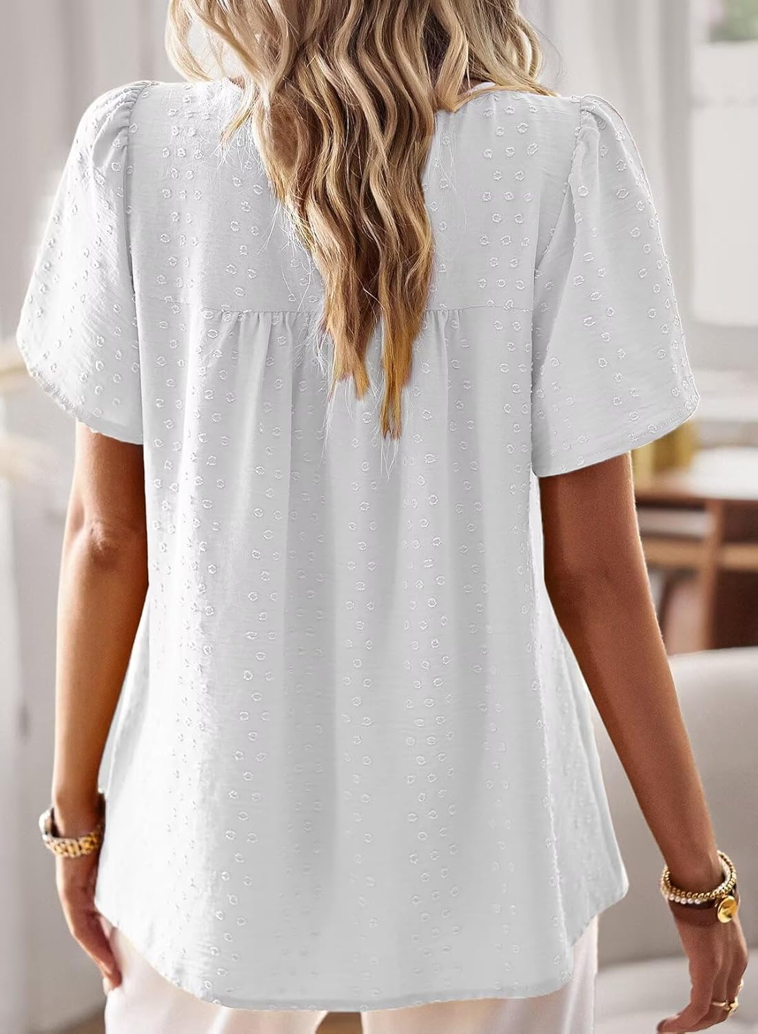 Thumbnail 2 de TUUHAW Damen Boho-Bluse mit Rundhalsausschnitt, Kurzarm und Häkelspitzen-Rändern