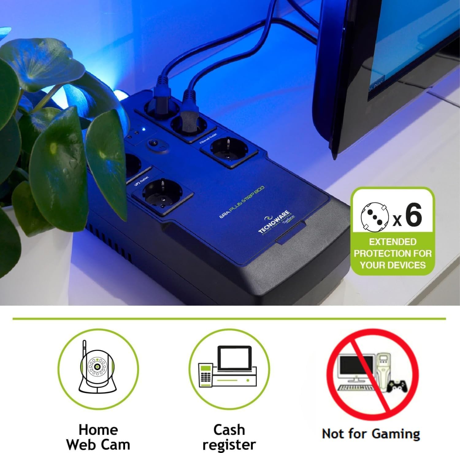 Detalle de Tecnoware Power Systems UPS ERA PLUS STRIP 800VA: gruppo di continuità con 6 Schuko per PC, modem e videosorveglianza