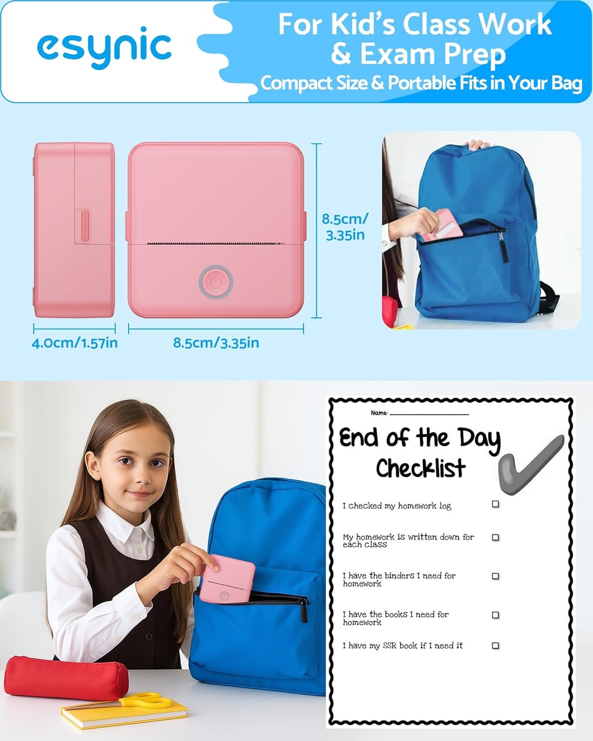 Detalle de eSynic Pink Mini Portable Thermal Printer: Pocket-Sized, Inkless Photo & Sticker Printer