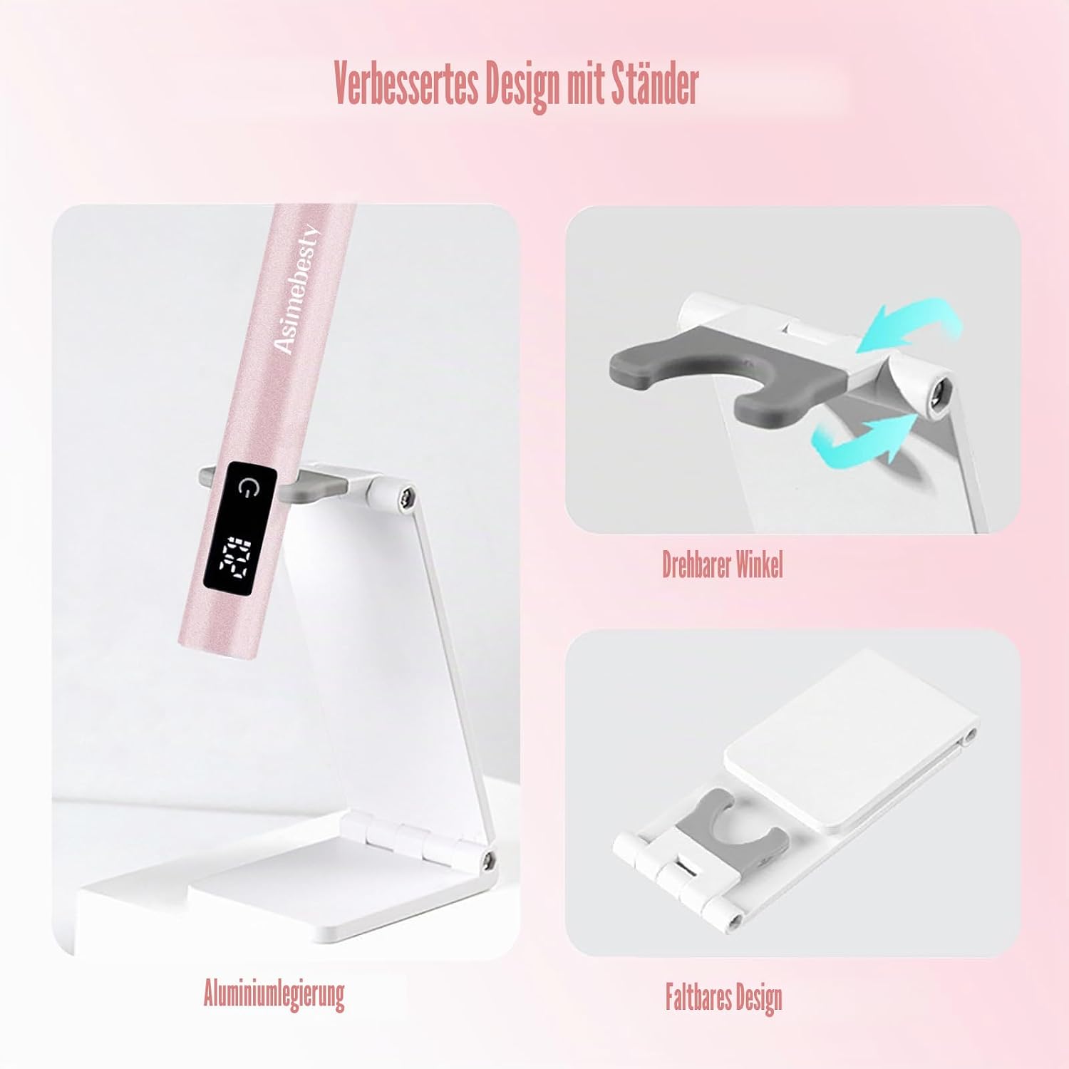 Detalle de Asimebesty UV Lampe für Gelnägel – Wiederaufladbare Mini Lampe mit Ständer, 20/60/90 s, Rosa