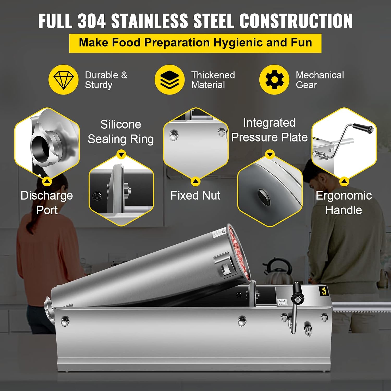 Detalle de VEVOR VV-SPSDGCJ7L Horizontal Sausage Stuffer, 7 L, 304 Stainless Steel