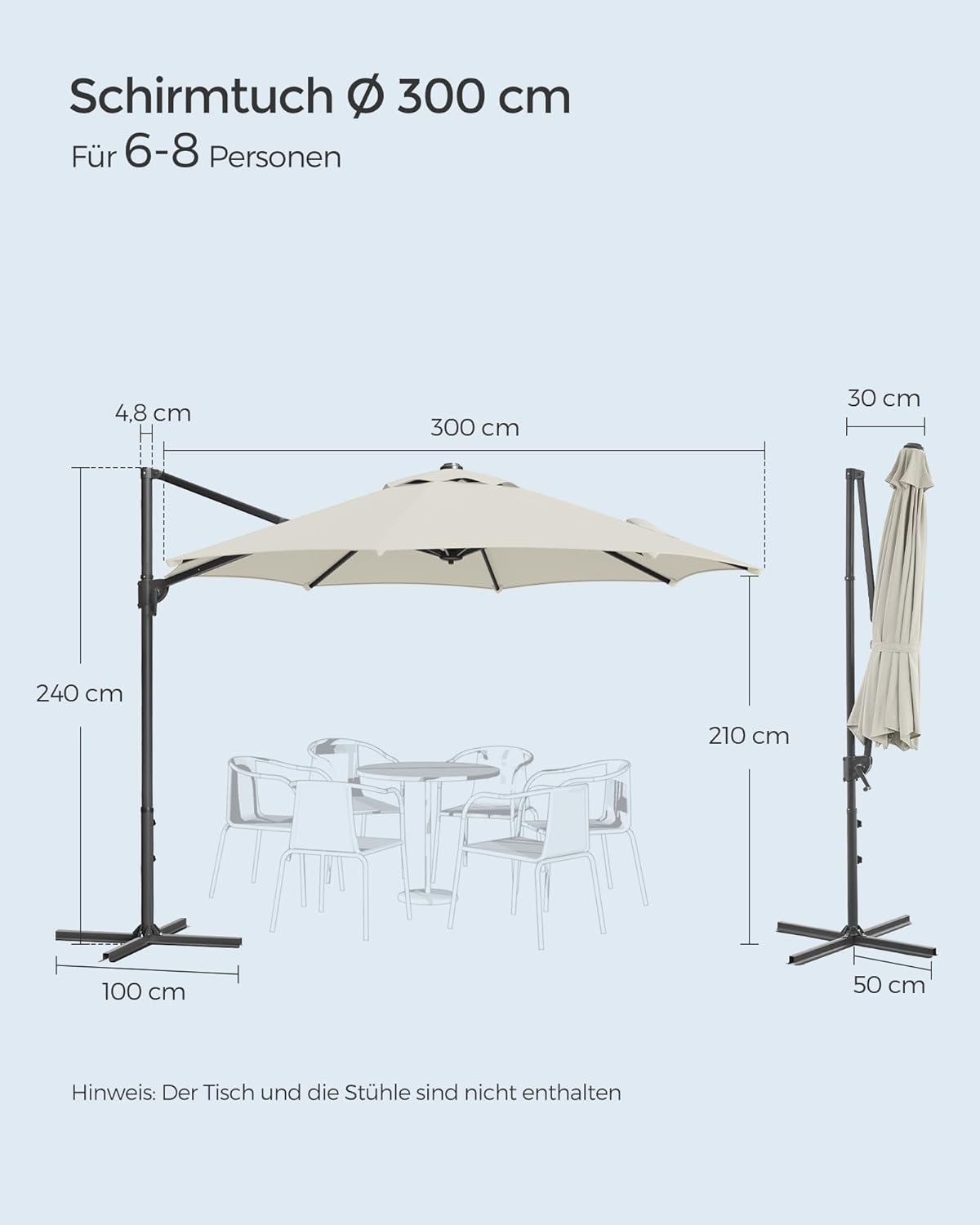 Detalle de SONGMICS Ampelschirm 300 cm mit UPF 50+, 360° drehbar & stufenlos verstellbar (GPU074Y10)