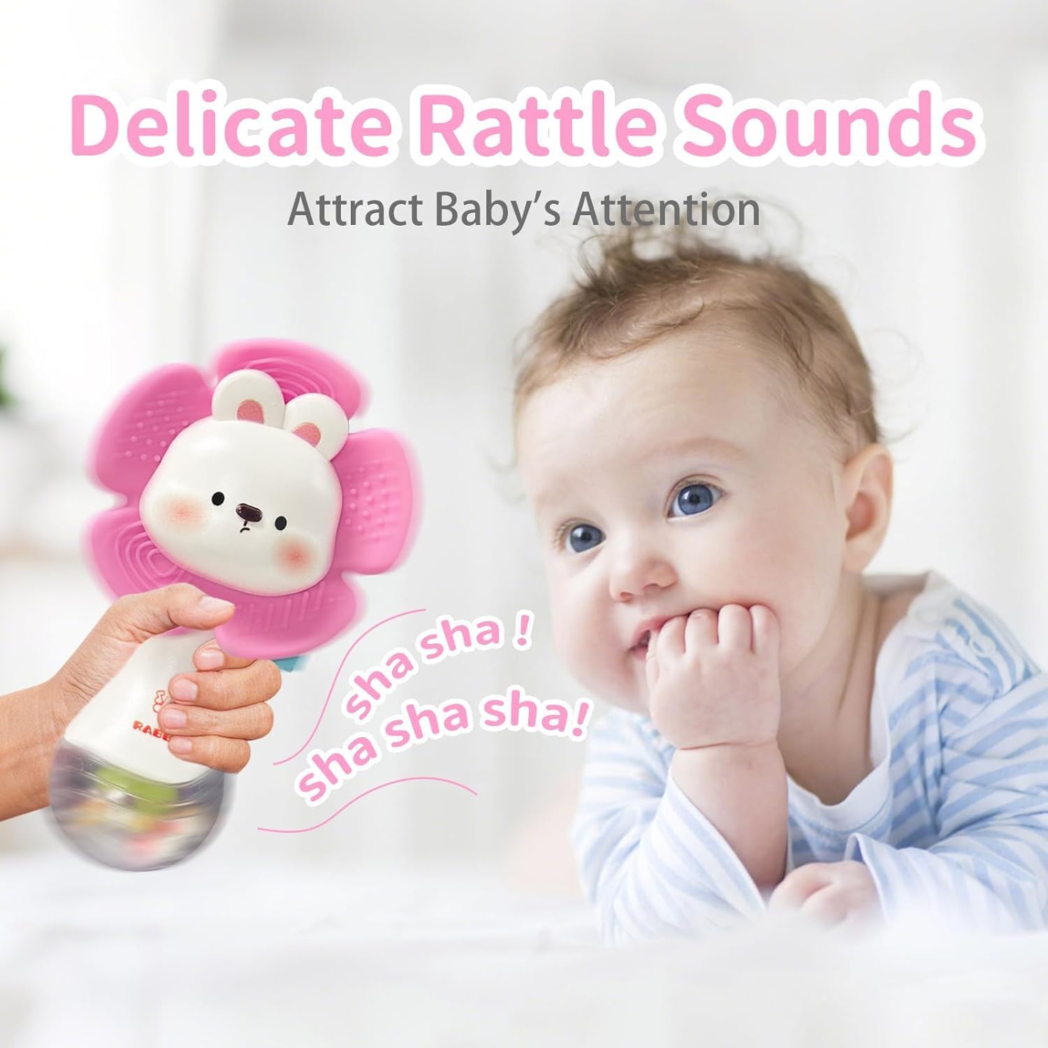 Thumbnail 2 de 2 Pcs Baby Rattles Teething Toys for 0-12 Months (Pink & Green) – Multi-Sensory Teether & Rattle Set