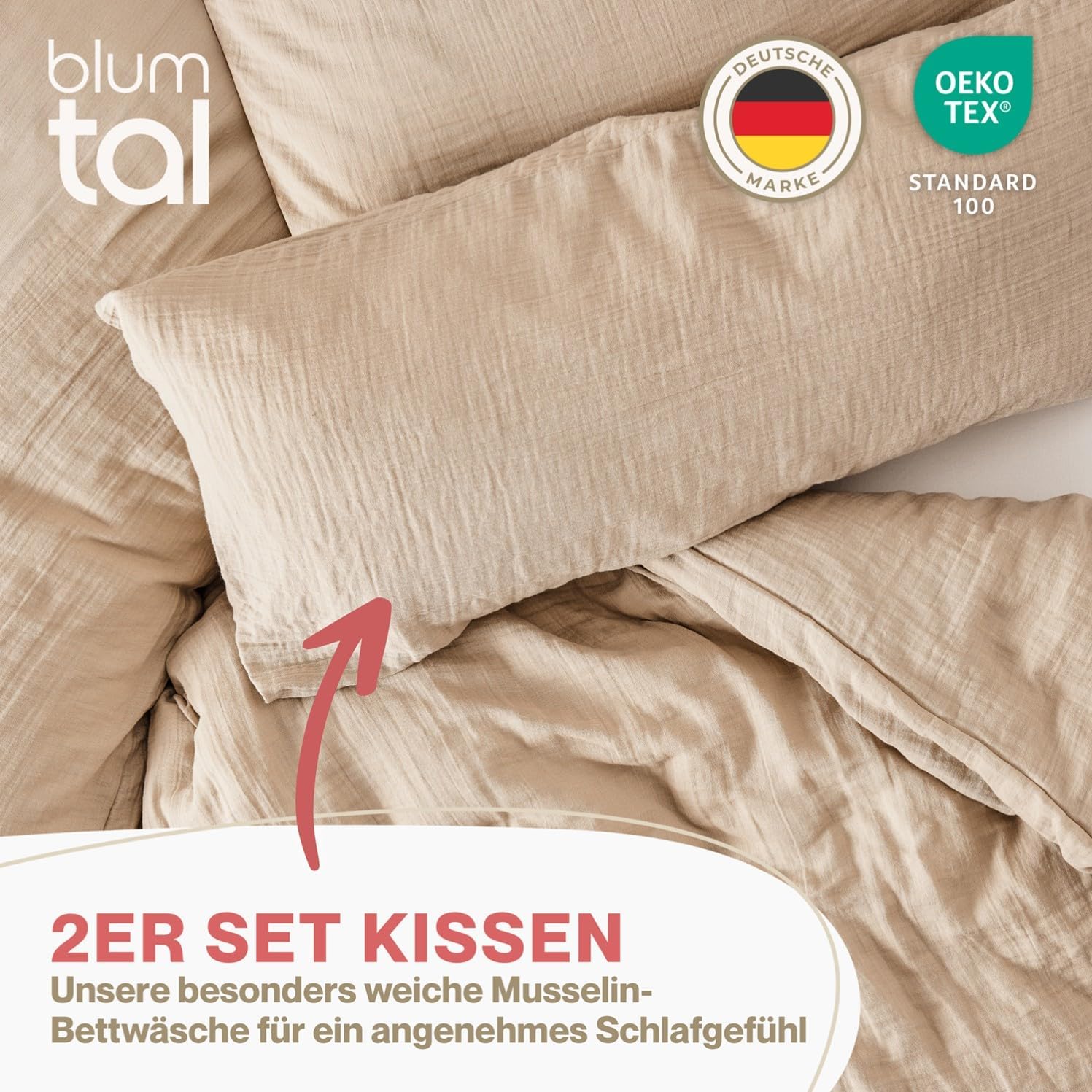 Thumbnail 1 de Blumtal Musselin-Kissenbezug 40x80 cm im 2er-Set (Oeko-TEX, 100% Baumwolle) – Taupe