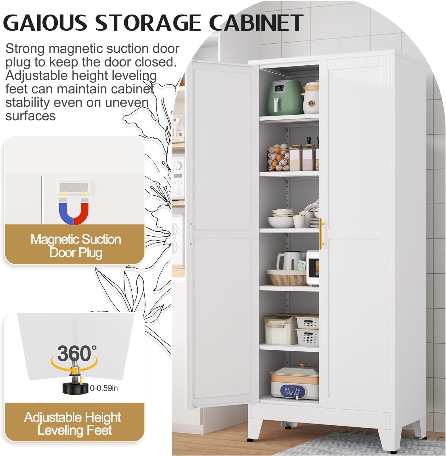 Detalle 1 de GAIOUS C-YSXR04-1200W 75.2" Metal Pantry Cabinet, White, Adjustable Shelves