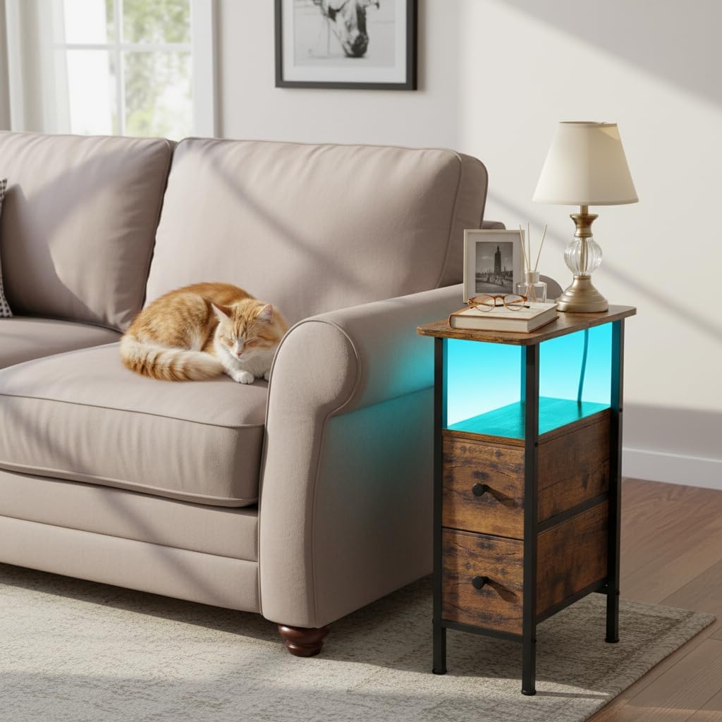 Detalle de LOAKEKEL Slim Bedside Table Set of 2 with Charging Station and LED Lights (Brown)
