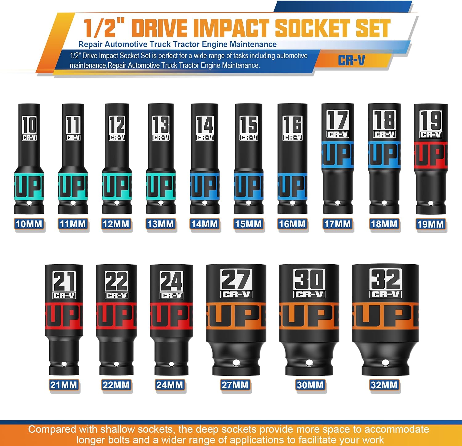 Detalle 2 de Set di bussole a bussola esagonale profonde da 1/2" (CR-V) Aurlloct, 16 pezzi 10–32 mm