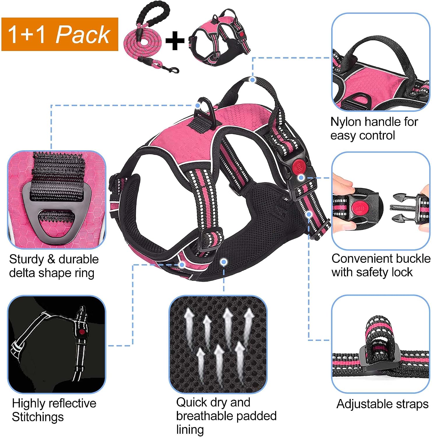 Detalle 2 de haapaw No Pull Dog Harness with Reflective Oxford Fabric, Adjustable Easy Control Medium Large + Free Heavy Duty Lead