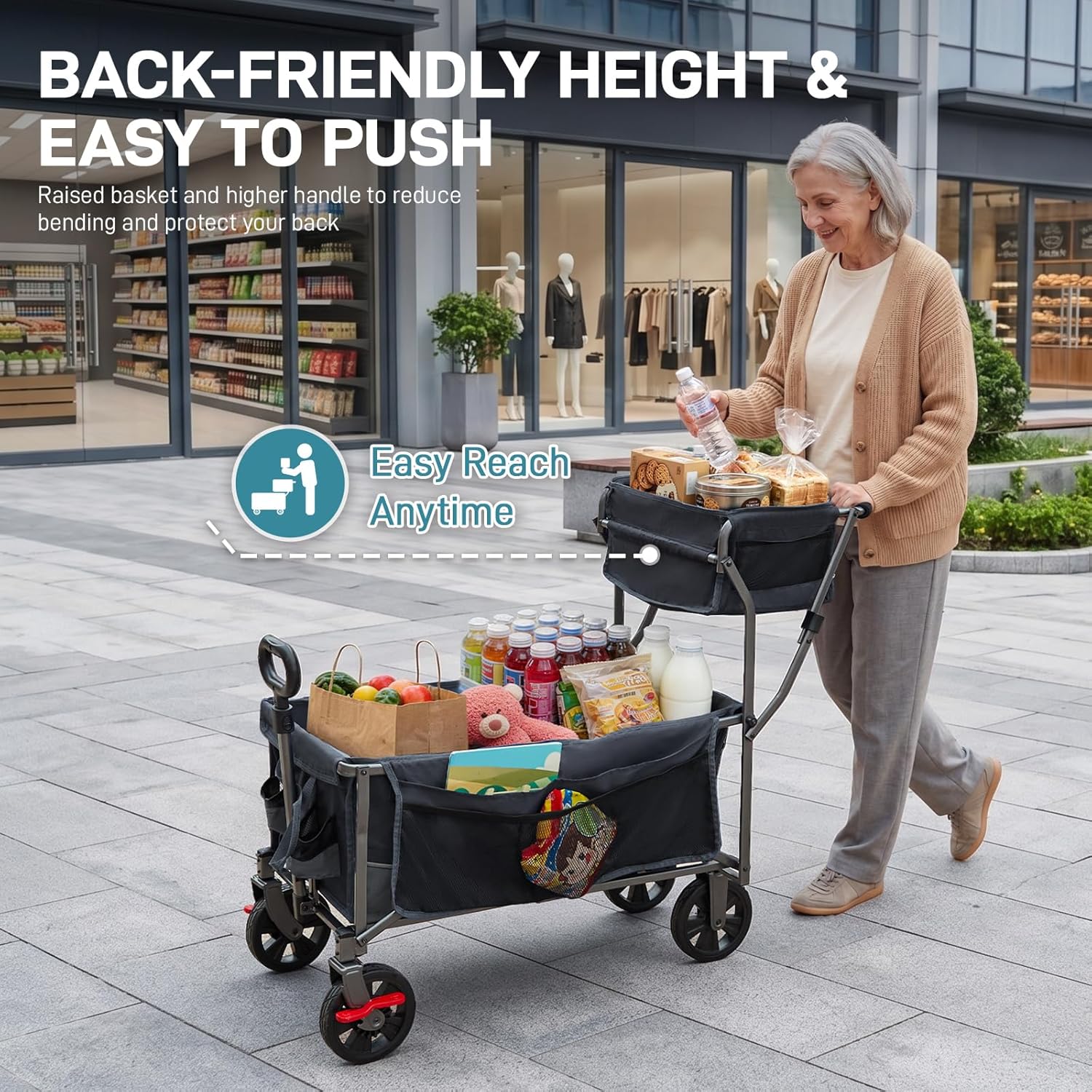 Thumbnail 3 de EVER ADVANCED Festival Trolley on Wheels (Push & Pull) with Foldable Basket, Cup Holders & 120kg capacity