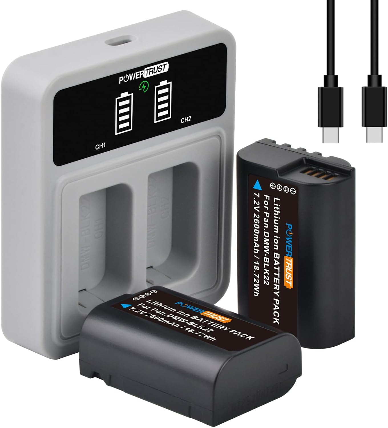 Thumbnail 5 de PowerTrust 2er-Set DMW-BLK22 Akku + PD-20-W Dual-USB-C-Ladegerät (für Panasonic Lumix S5 & GH5 Serie)