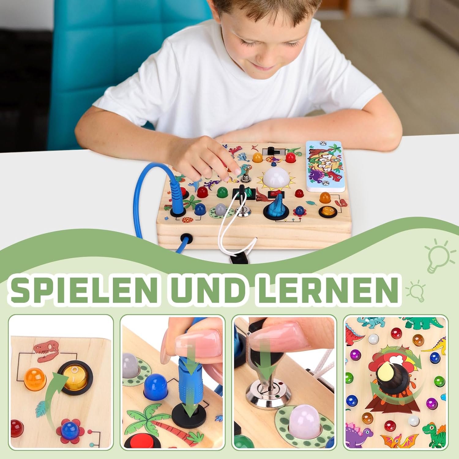 Thumbnail 2 de Hoarosall Dinosaurier Busy Board Montessori: Activity Board aus Holz mit 10 Schaltern & 23 LED-Lichtern