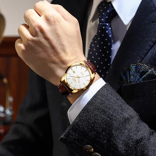 Thumbnail 1 de LIGE Mens Watches Waterproof Analogue Vintage Quartz with Date, Brown Leather – Gold/White