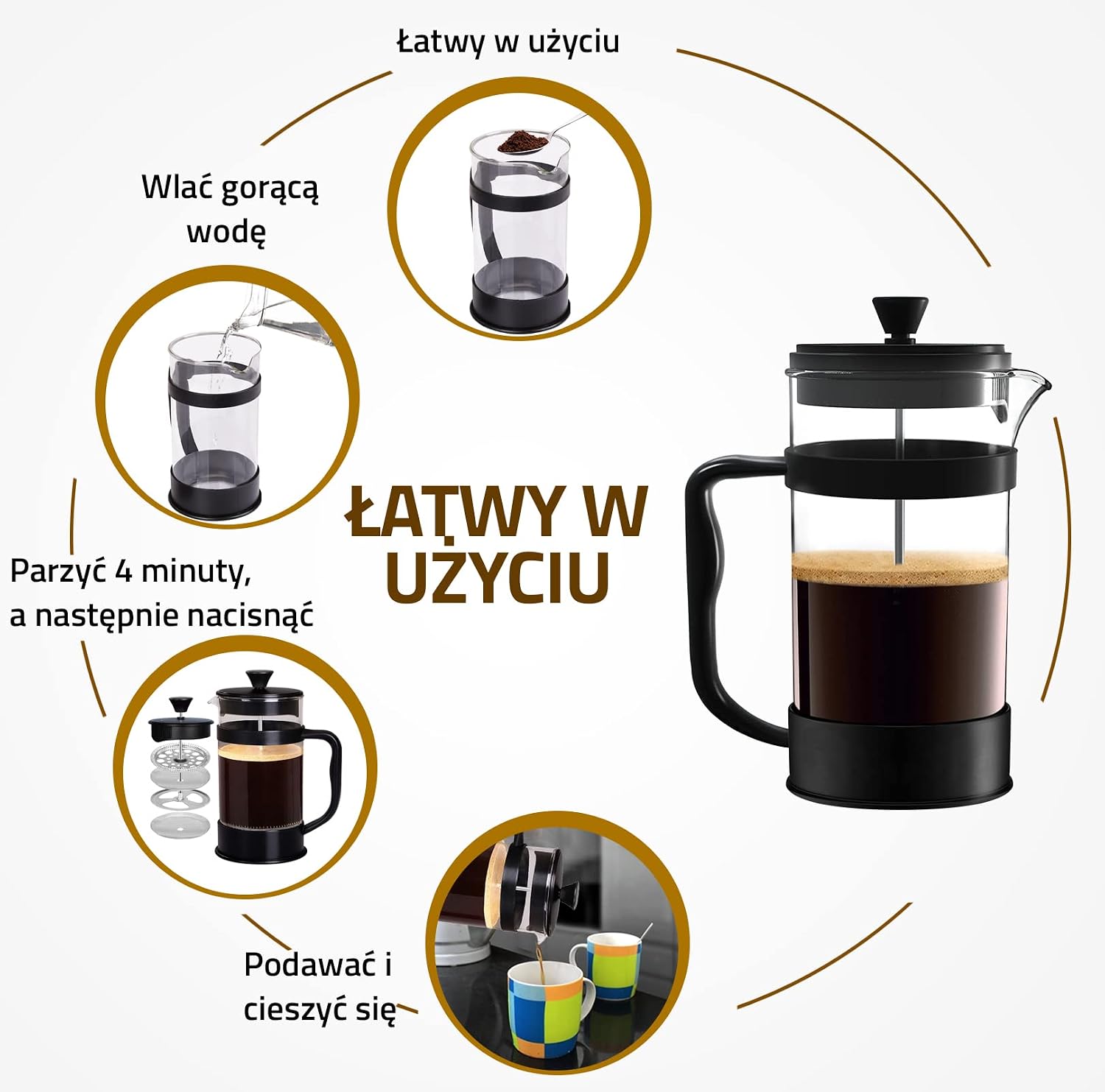 Detalle de KICHLY EU0315 French press 1000 ml z potrójnym filtrem i szkłem borokrzemowym
