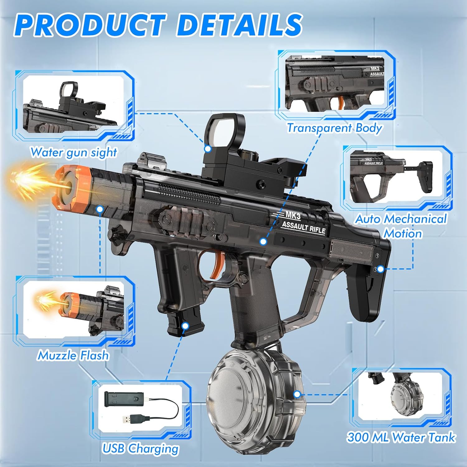 Thumbnail 2 de Electric Water Gun for Adults & Kids with 33ft Range and Light-Up Muzzle (Black)